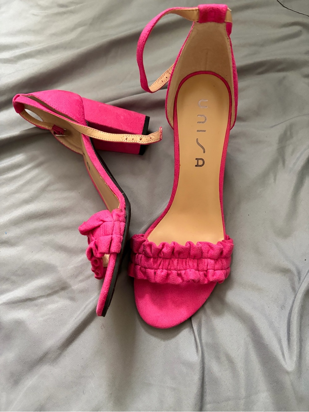 Unisa Hot Pink Ruffle Ankle-Strap Block Heels